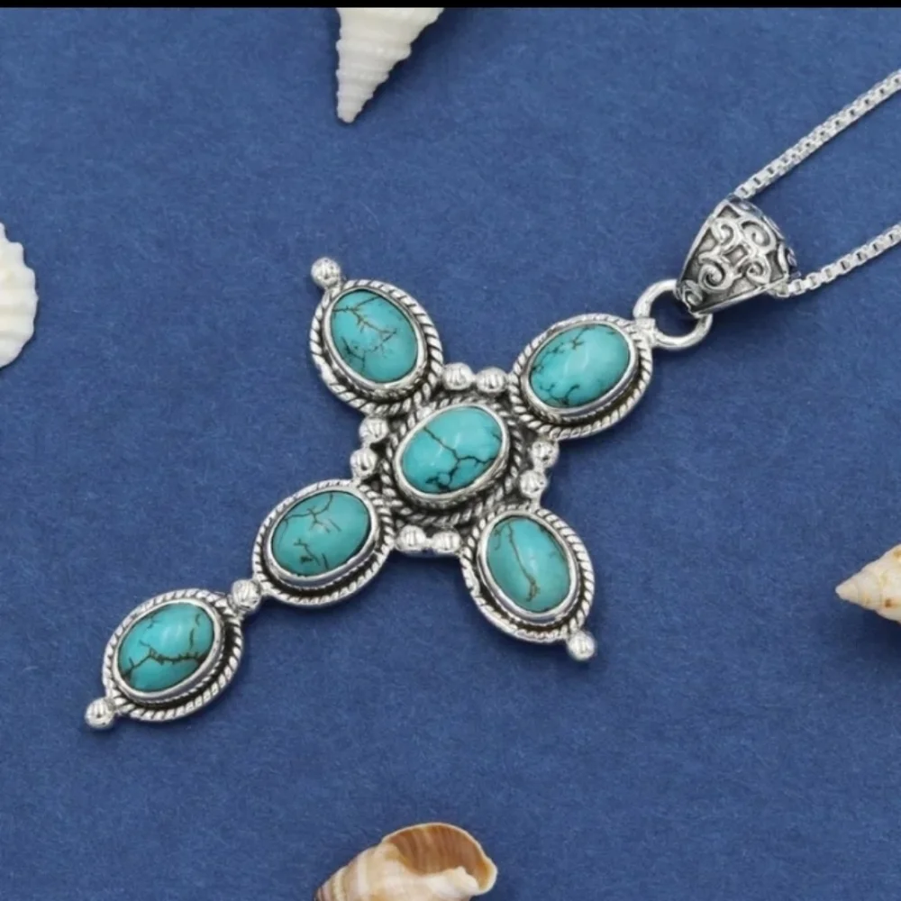 Silvertone Turquoise Cross Pendant Necklace